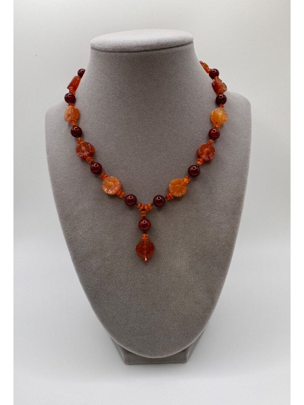 Vintage Carnelian Agate Necklace Carved Flower Quartz Beads 925 Y Drop 16“